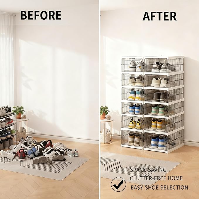 Shoe Storage Organizer Box Foldable Collapsible Stackable Shoe Rack Bins, Fit Size 12, No Assembly, for Men and Women