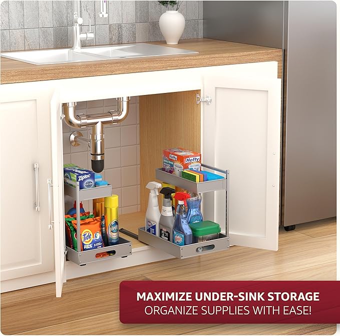 Sorbus Under Sink Organizer with Sliding Tracks – Pull Out Cabinet Organizer with Drawer & Installation Rails – Under Cabinet Bathroom Storage Organizer for Kitchen, Pantry, or Vanity –Silver 1 Pack
