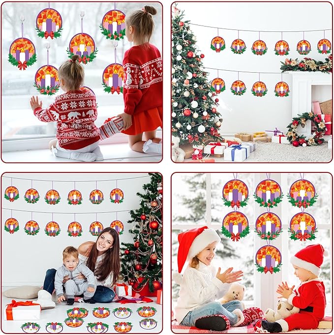 Qyeahkj 36 Set Christmas Advent Wreath Suncatchers Crafts for DIY Advent Candle Tissue Paper Craft Kit Hanging Decor for Xmas Holiday Home Activity Art Project Birthday Party Favor Gift