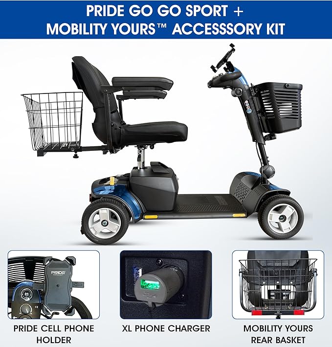 Pride Go Go Sport 4 Wheel Mobility Scooter + Pride Mobilty Cell Phone Mount, XLR Phone Charger, Mobility Yours Rear Basket, New Easy Turn Feature, LED Headlight, 325 Lbs Capacity, Warranty