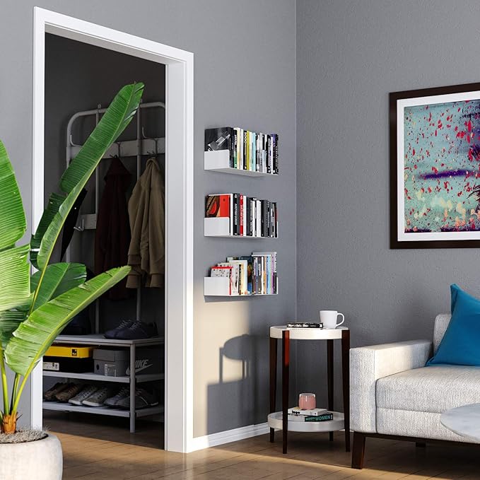 Wallniture Bali White Floating Shelves for Wall, CD DVD Storage Shelves and Metal Bookshelf Set of 3