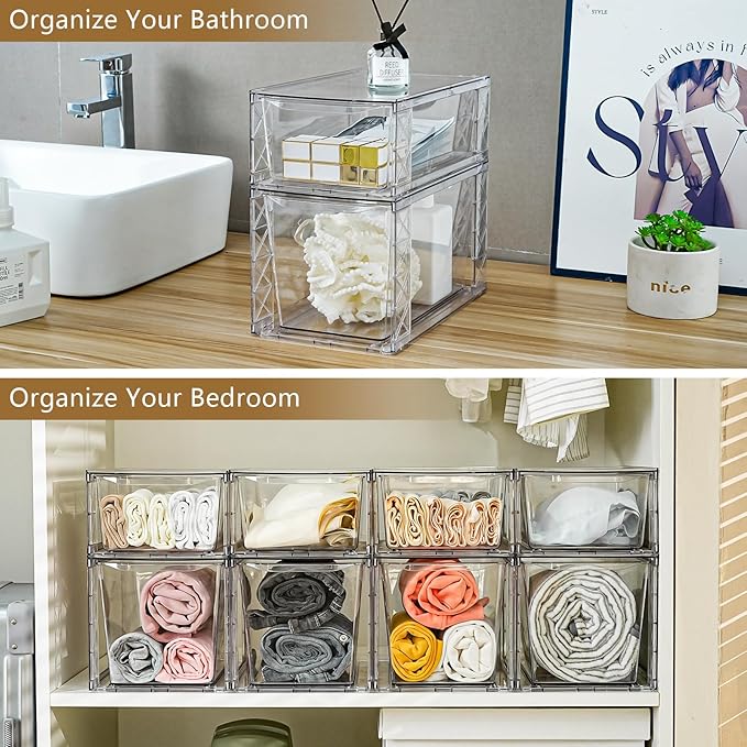 Clemate 8Pack Stackable Kitchen Storage Organizer, Pantry Organizers and Storage, Clear Foods Organizer Bins with Handles, Easily Assemble for Bathroom, Kitchen, Pantry, Cabinet, Closet