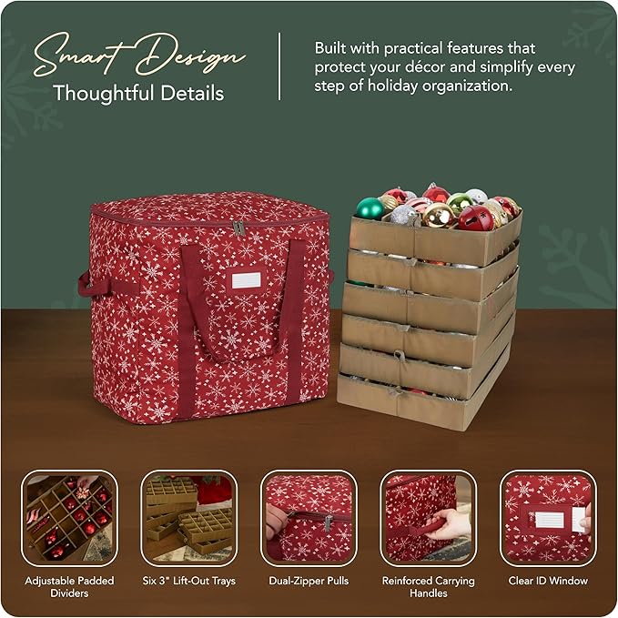 Covermates Keepsakes Adjustable Ornament Storage Bag – Heavy-Duty Polyester, Padded Dividers & FlexGrid Trays – Protective Holiday Ornament Organizer with Handles & Label Window, Red Snowflake