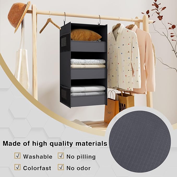 3-Shelf Hanging Closet Organizer and Storage, Foldable Hanging Closet Shelves Front Lip Design Washable Hanging Storage, Dark Gray