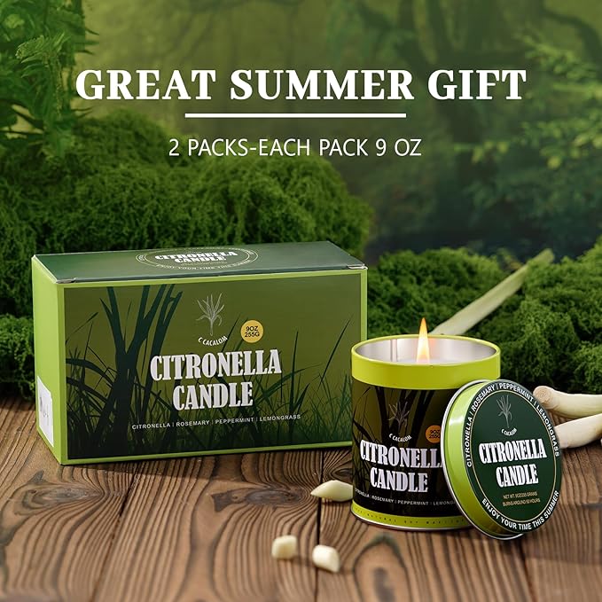 Citronella Candles Outdoor Set, 2 Pack Jar Candle for Patio Camping Backyard Picnic, Scented Candles Sets Gifts for Men Women, 9 Oz Bug Non Toxic Mosquito Candles Repellent Back to School Gifts