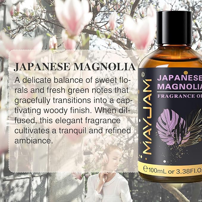 MAYJAM 100ML/3.38FL.OZ Japanese Magnolia Fragrance Oils with Glass Dropper, Essential Oils for Diffusers, Long Lasting Scented Oils for Soap Candle Making