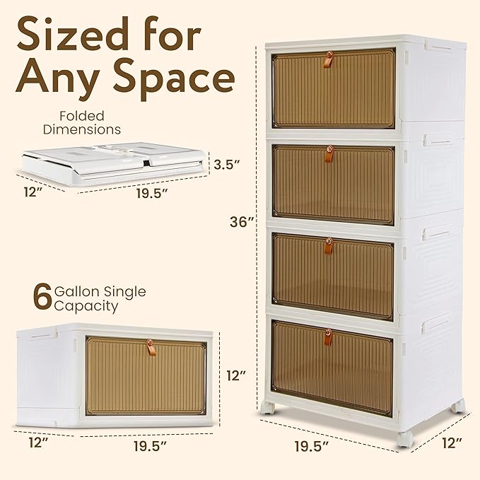 Quik Box Sport 6 Gallon 4 tier Stackable Storage Bins with Magnetic Door, Collapsible Organizer Foldable Container, for Bedroom Living Room Neat, Tidy Dorms and Organized Homes, Boxes