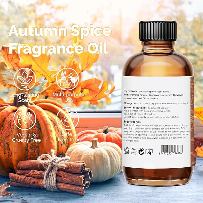 GM Gumili Autumn Spice Fragrance Oil 2 Oz, Natural Scent Oil for Home Essential Oils Diffuser, Candle Making, Soap Making, DIY Body Oils, Perfume, Body Mist, Spray - Spicy Fall Scent