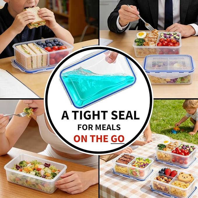KIGI Lunch Container Set with Small Containers, 3 Compartment Food Storage for Meal Prep & Snacks, Leak-Proof & Airtight lids, BPA-free Plastic, Removable Divided Inserts, Microwave Safe, 24 Piece Set