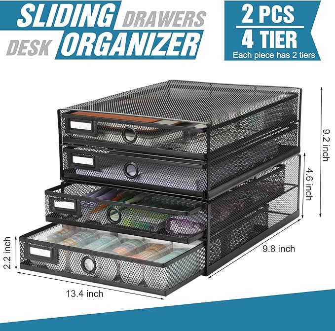 Zhanmai 2 Pack Black Desk Organizer with Drawer Total Wire Mesh Storage Tray Multifunctional Paper Sorter File Stand for Home Office Supplies Letter A4 Paper Office Accessories Back to School (2 Tier)