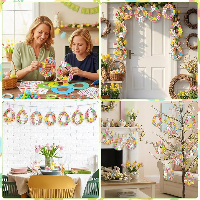 Hollowfly 48 Sets Easter Wreath Craft Kits DIY Easter Egg Wreath Hanging Ornaments Make Your Own Paper Craft with Stickers for Holiday Party Favors Home Activities Front Door Decor