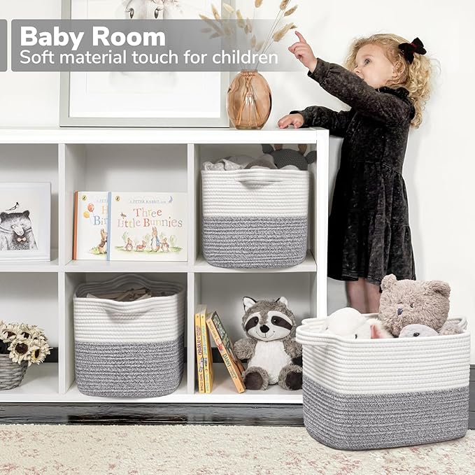 Goodpick Woven Storage Basket, Cotton Rope Baskets for Organizing, Closet Storage Bins with Handles, Small Laundry Basket for Clothes, Towels and Shoes, 13''x10''x9'', Gray and White