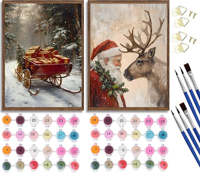 Paint by Number Kit for Adults & Kids, 2 Pack Christmas DIY Painting Kit, 16x20 Inch Canvas Each, with Brushes, Paints & Hanging Kits Unframed