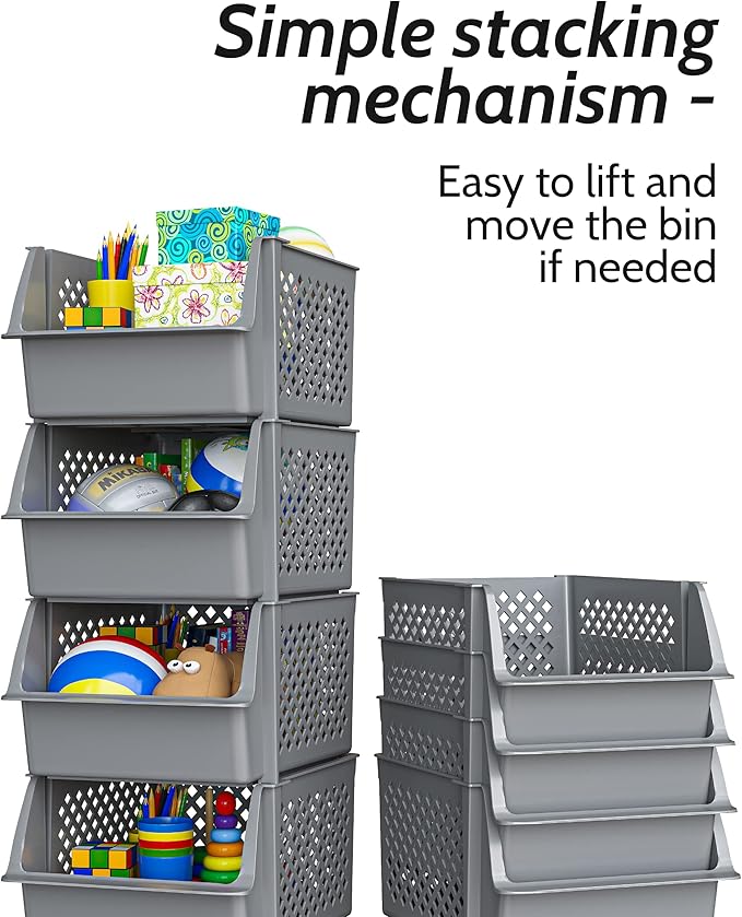 TidyFriend 4 Pack Stackable Storage Bins Open Front for Pantry Organizers and Storage, Plastic Storage Bins for Garage Organization, Garage Storage Bins for Shelves, Racks, Tools & Supplies (Grey)