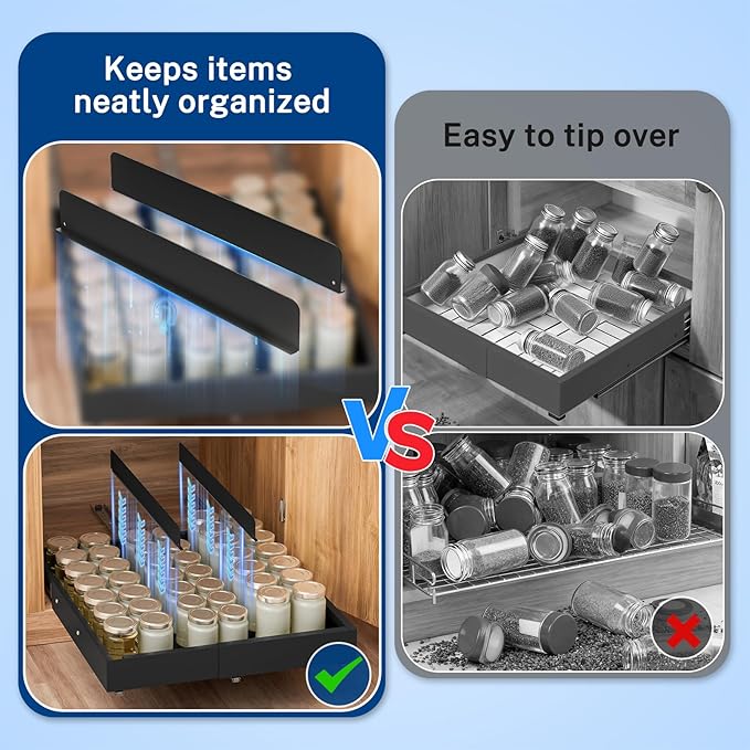 Pull Out Cabinet Organizer Expandable (12.4"-20.08")W & (16.26"-22.44")D, Insputer No Drill Slide Out Drawers with 3 Slide Rail, 2Pcs Magnetic Panel, Adhesive Roll Out Shelf for Kitchen, Pantry Black