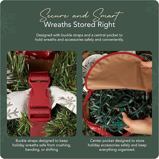 Covermates Keepsakes Wreath Storage Bag – Heavy-Duty Polyester with Buckle Straps & Interior Pouch – Protective Holiday Wreath Organizer with Handles, D-Ring & Label Window, Red Snowflake