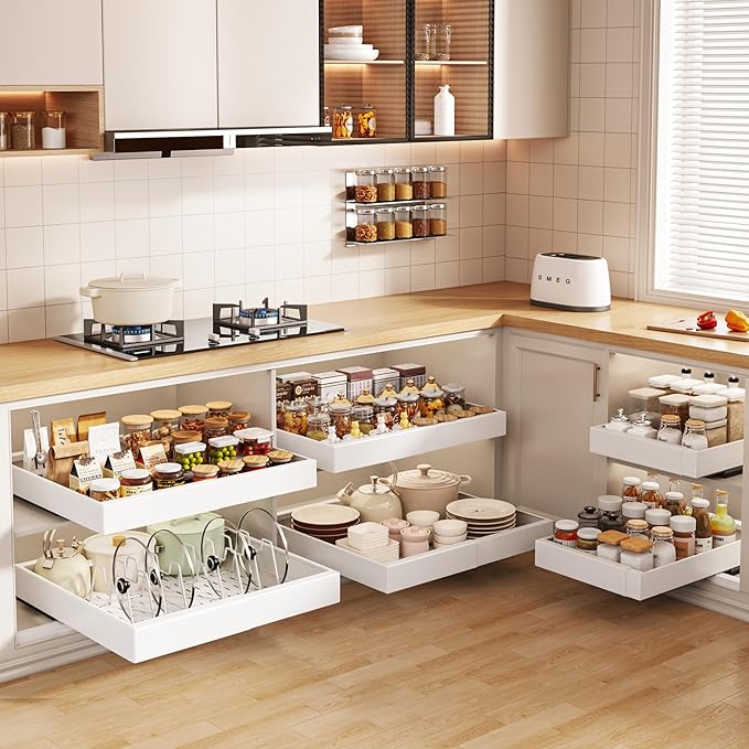 Seinloes 6 Pack Pull out Cabinet Organizer 21"Deep with Raising Pad for Framed Cabinets, Expandable Slide out Drawers for Kitchen Cabinets with 6pcs Divider Racks, Roll out Shelves 12.1"-20.4" W White