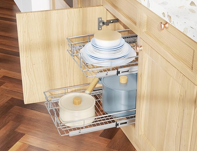 LOVMOR Individual Pull Out Cabinet Organizer, 2 Tier Slide Out Cabinet Drawers, Pots and Pans Organizer and Storage Pantry Shelf for Kitchen (14½" W x 21½" D)