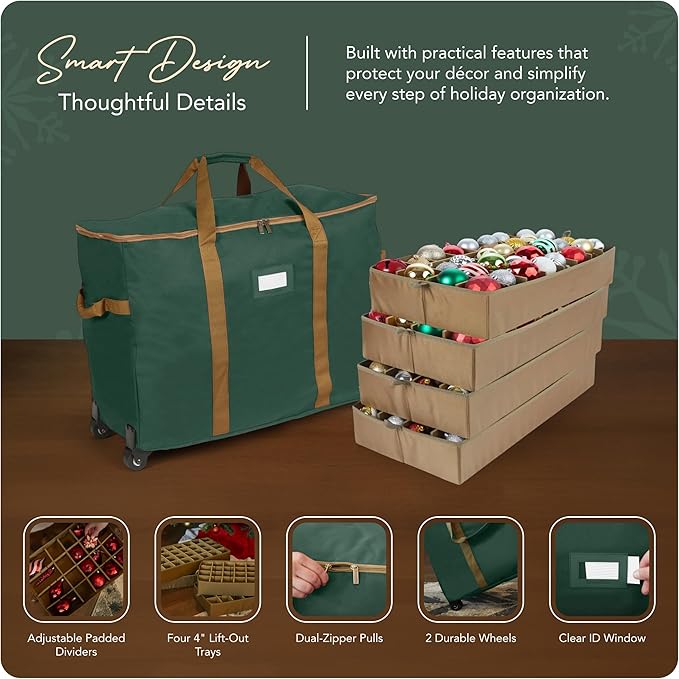 Covermates Keepsakes Rolling Adjustable Ornament Storage Bag – Heavy-Duty Polyester, FlexGrid Trays & Padded Dividers – Protective Holiday Organizer with Wheels, Handles & ID Window, Green