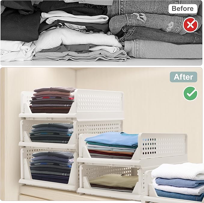Goderewild 5 Pack Stackable Foldable Storage Baskets - Folding Storage Bins, Multifunctional Closet Organizers for Wardrobe, Cupboard - Space-Saving Clothes Storage Hat Organizer (White, 5L)