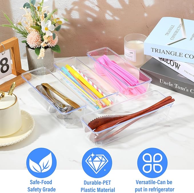 14PCS Vanity Drawer Organizer, 9 x 3 x 2 Inch Clear Plastic Silverware Utensil Organizers Bins, Versatile Desk Tray Drawers Dividers for Makeup Jewelry Kitchen Bathroom and Office Organization