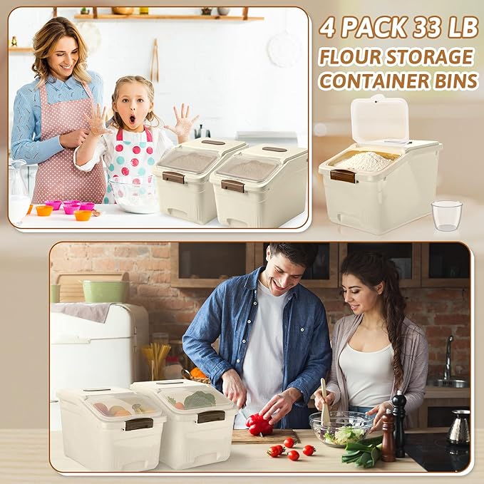 4 Pack Large Rice Storage Containers 30 Lbs Airtight Flour Container with Seal Locking Lid and Measuring Cup Kitchen Dry Food Storage Bins for Cereal Sugar Beans(Butter Yellow)