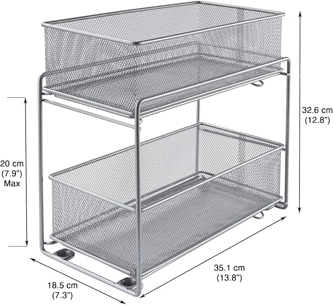 2 Tier Sliding Basket Stackable Cabinet Pull-Out Drawer Mesh Organizer for Kitchen Under Sink Storage (Silver)