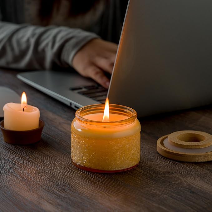 18-Pack 4oz Embossed Glass Candle Container with Bamboo Lids and Labels, Orange Candle Jars for Making Candles, Mandala Design