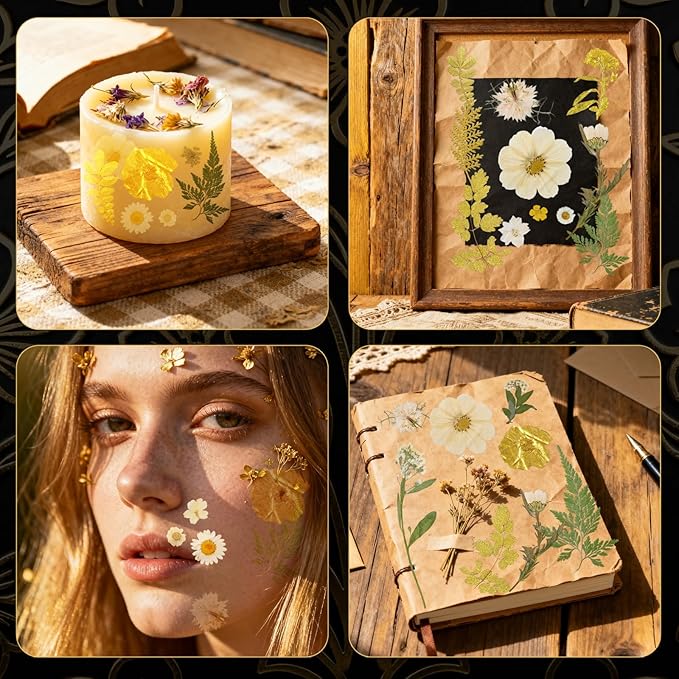 85 Pcs Dried Flowers for Crafts, Real Natural Dried Pressed Flowers in Golden & White for Resin, DIY Art, Jewelry, Candle & Soap Making – Tweezers Included