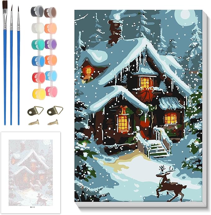 Skyboda Christmas Paint by Numbers Kit for Adults Beginners with Frame, Landscape Adult Paint by Number Kits on Canvas, Easy DIY Oil Painting Kits for Home Decor, 8x12in