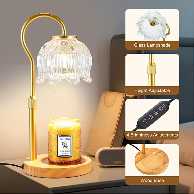 Dreamholder Electric Candle Warmer Lamp with Timer & Dimmer, Adjustable Height Wax Melt Warmer for Jar Candles, Wood Base Candle Melter, Floral Home Decor Gifts for Women, Mom, Gold