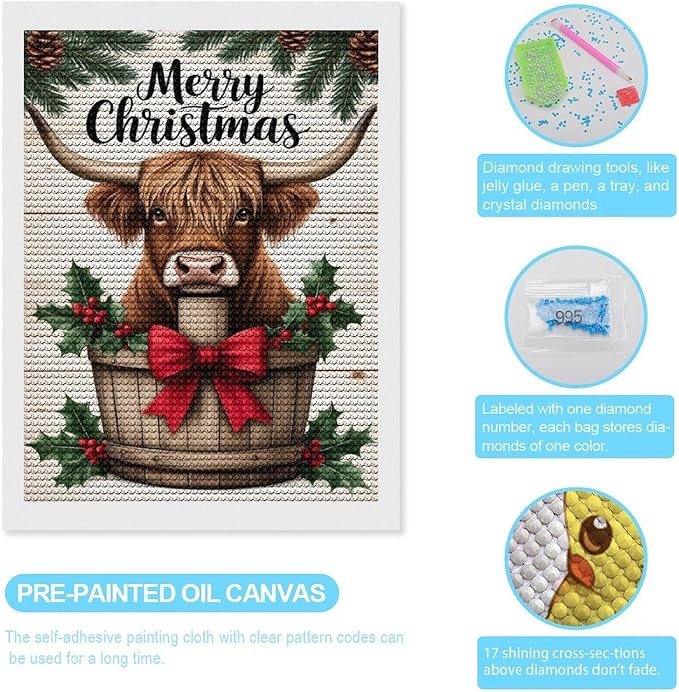 AIVKIEJK Diamond Painting Kits for Adults - Highland Cow Merry Christmas Painting DIY 5D Full Drill Diamond Dots Paintings with Diamonds Gem Art and Crafts Home Decor 12"x16"