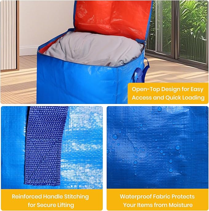 2 Pack 55-Gallon Heavy Duty Moving Bags, Large Storage Totes with Zipper, Alternative to Moving Boxes for Storage, Seasonal Clothes, Student Moving, College Dorm (Blue)