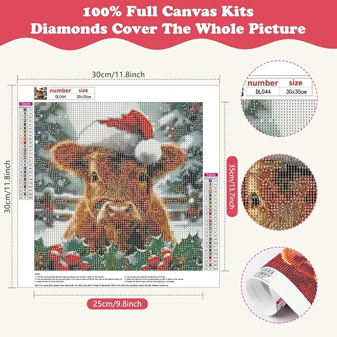 SENQAO Cow Diamond Art Kits for Adult, Christmas Diamond Painting Kits for Beginners, DIY Full Drill Winter Holdiay Rhinestone Diamond Dots Gem Painting Art Craft Home Decor 12 x12 Inch