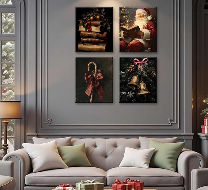 Paint by Number Kit for Adults & Kids, 4 Pack Vintage Christmas Scenes (Candy Cane, Santa Reading, Book Stack, Golden Bells) 12x16InchUnframed, DIY Acrylic Painting Kit with Brushes & Paints