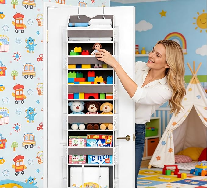 Over The Door Organizer, Hanging 6-Shelf Storage Organizer with 50lb Heavy Duty Perfect for Bathroom Closet Nursery Bedroom (Grey,1 Pack)