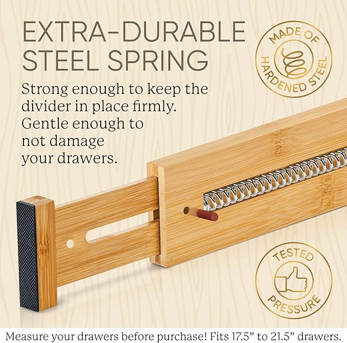 Night Tree Expandable Bamboo Drawer Dividers – drawer separators for Clothes, Kitchen Utensils, Bathroom, and Dresser Drawers (17.5" to 21.5")