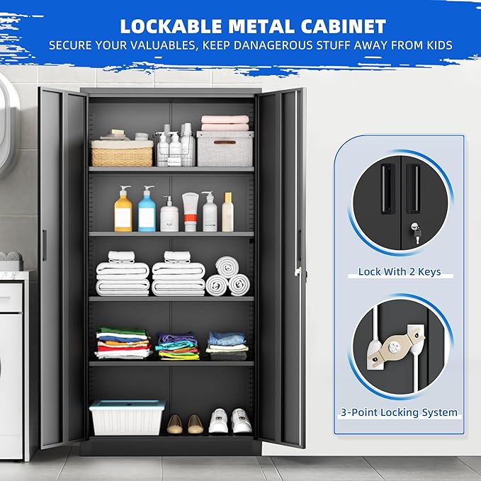 Superday Metal Storage Cabinet, 72" Garage Storage Cabinets with Lock, Black Metal Cabinet with 2 Doors and 4 Adjustable Shelves for Home Office, Classroom, File, Easy Assemble