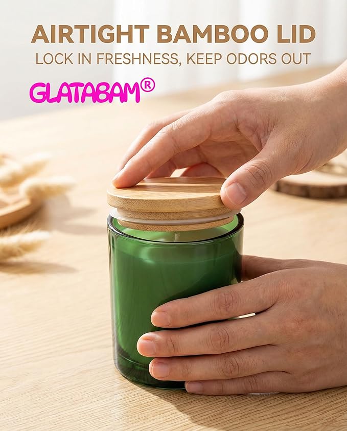 GLATABAM 10 OZ Candle Jars 12 Pack - Bulk Glass Candle Making Jars with Bamboo Lids & Labels, Heat Resistant Empty Reusable Candle Vessel for Containers(Green)