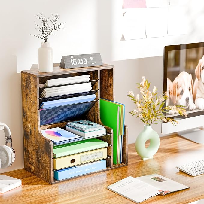Simple Trending 7 Tier Desk File Organizer, Wooden Letter Tray Paper Organizer with Adjustable File Holder, Mesh Desktop Organizer and Storage for Office Supplies