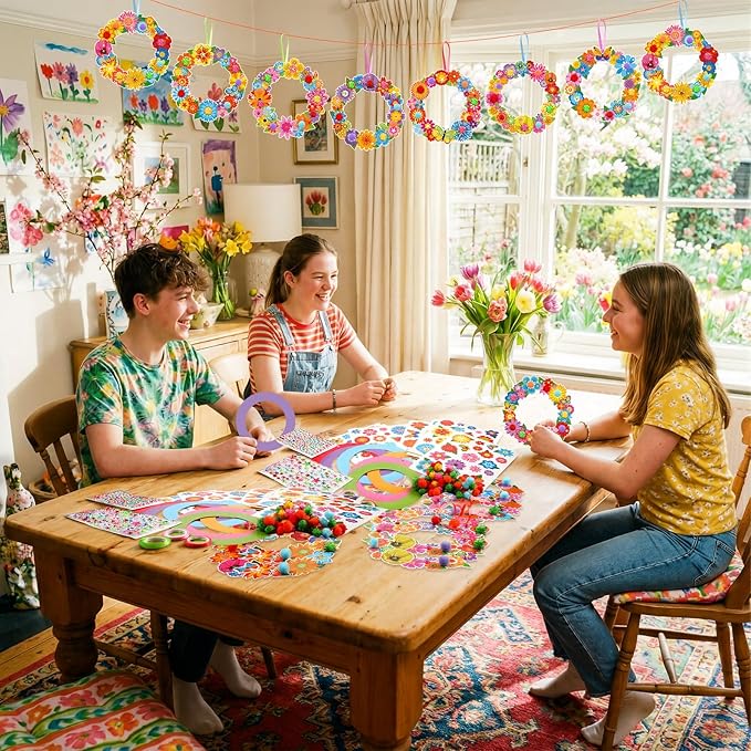 Hollowfly 48 Sets Spring Wreath Craft Kits DIY Flower Hanging Ornaments Make Your Own Paper Craft with Stickers for Home Spring Party Mother's Day Activities