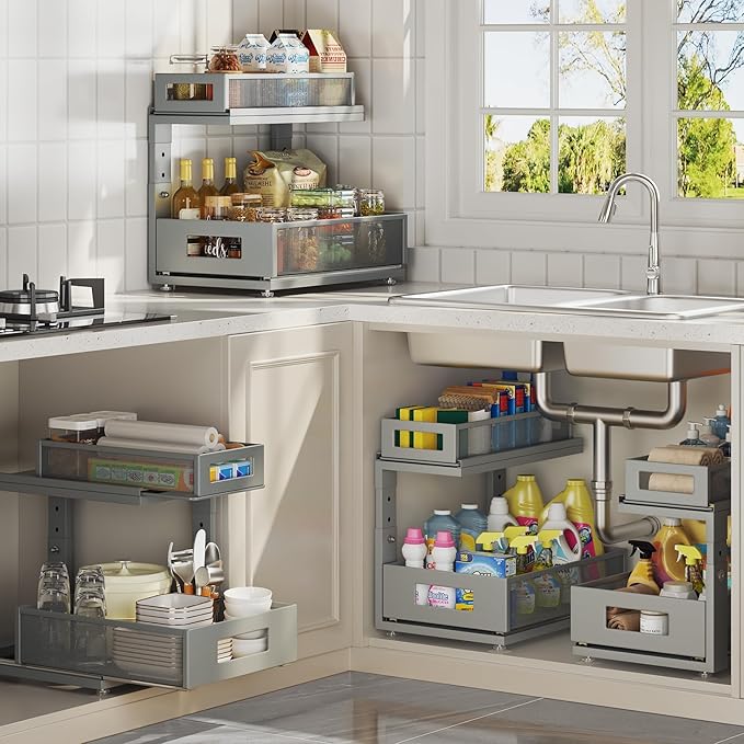 1 Pack Under Sink Organizer With Next-Gen Ball-Bearing Slides,2-Tier Pull Out Cabinet Storage,Height Adjustable Drawer Shelf for Bathroom,Kitchen,Laundry,Cabinet,Pantry-Gun Gray