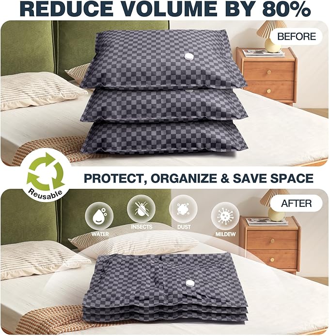 6 Pack Cloth Vacuum Storage Bags, Vacuum Seal Bags for Clothing with Hand Pump, 2 Large+4 Medium, 80% Space Saver Bags for Luggage, Comforters,Blankets, Home Travel Essentials (Dark Blue Checkered)
