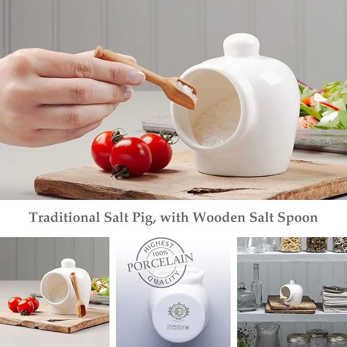 WM Bartleet & Sons 1750 T52W Traditional Porcelain Small Pig with Wooden Salt Serving Spoon-White, 9cm