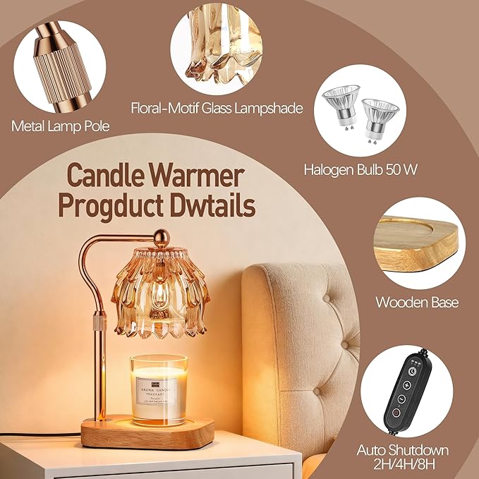Candle Warmer Lamp with Timer - Flower Electric Wax Melter Warmer Adjustable Height for Jar Candles, Gift for Women, Mom, Christmas, Birthday,Home Decor