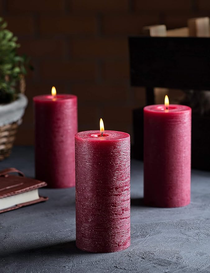 Set of 3 Pillar Candles 3" x 6" Unscented Handpoured Weddings, Home Decoration, Restaurants, Spa, Church Smokeless Cotton Wick - Burgundy