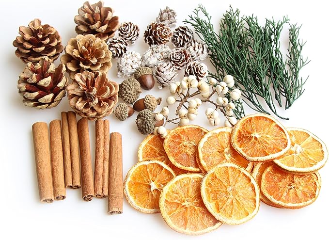 DIY Natural Dried Flower Kit - Bulk Dried Plants, Pine Cones, Scented Lemon Slices, Cinnamon Sticks Wood Roses & Mini Pinecones for Home Décor, Christmas Decoration (Orange - B)