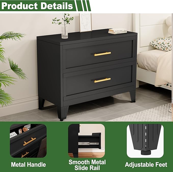 Ckzbx Metal Dresser for Bedroom 2 Drawers Dresser Metal Storage Dressers Organizer,24.8" H Black Drawer Chest, Closet Organizers for Living Room, Hallway, Closet