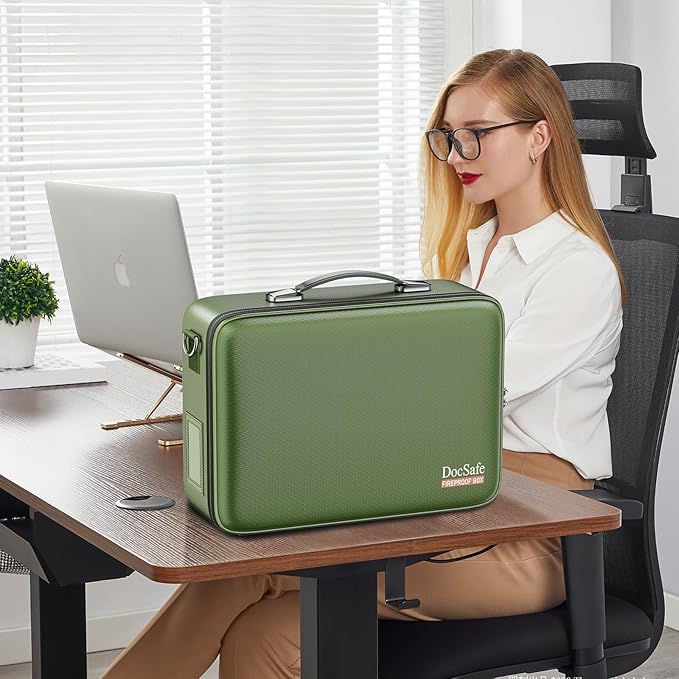 DocSafe Fireproof Document Box with Lock＆Shoulder Strap,Hard Case File Organizer with Accordion File Folder,Multi-Layer Portable Home Office Travel Safe Storage for Important Documents Laptop Green