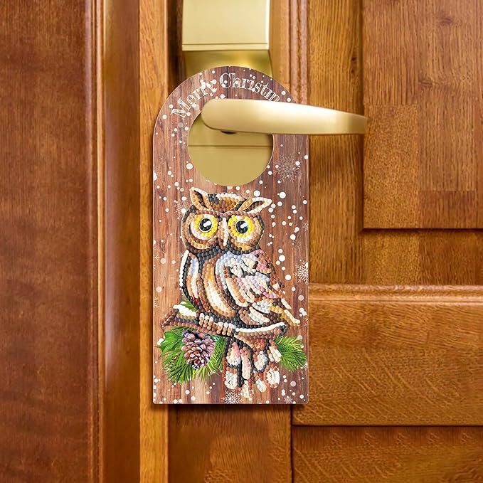 Owl Diamond Art Painting Christmas Door Knob Hanger Signs DIY Kits 5D Diamond Art Wood Christmas Door Handle Hanging Ornaments Special Shaped Rhinestones Paint by Number Stitch Room Front Door Decor